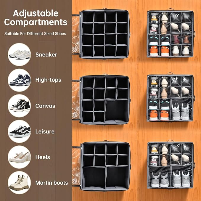 INSTY 2 Pack Shoe Organizer for Closet,Fits up to 32 Pairs,Adjustable Dividers for Shoe Storage,Fabric Shoe Storage Bins with Clear Cover,Grey - Image 3
