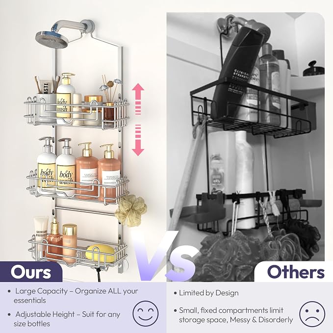 SWTYMIKI Shower Caddy Hanging Organizer - 3-Tier Rustproof Shower Organizer Over Showerhead with Adjustable Baskets, 24 Hooks, Soap & Razor Holder - No Drill Large Bathroom Storage Rack, Silver - Image 3