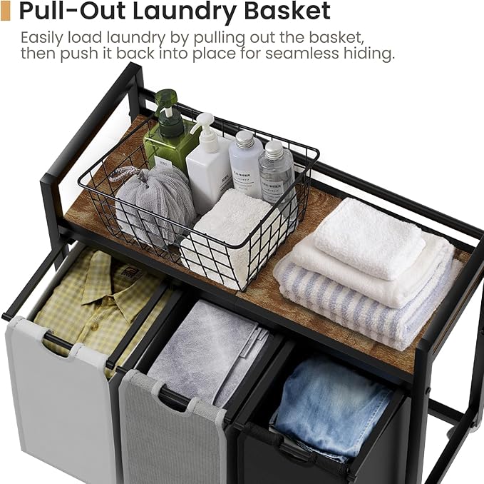 SwaaVee Laundry Hamper, Laundry Basket, Laundry Sorter with 3 Removable Bags, Clothes Basket with 3 Compartments, Wheels, Shelf for Laundry Room Bathroom Bedroom (3 Bags-Black Grey White) - Image 4