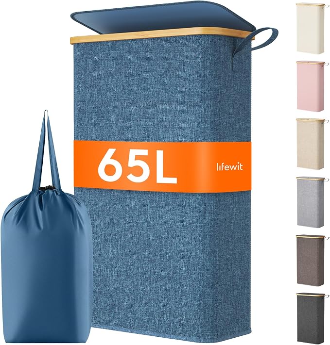 Lifewit 65L Slim Laundry Hamper with Lid, Narrow Laundry Basket with Removable Bag & Bamboo Handles, Fodable Thin Dirty Clothes Hamper for Laundry Collapsible Bin for Bathroom Bedroom Dorm, Dark Blue by Lifewit