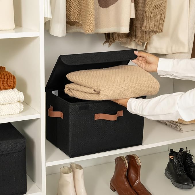 GRANNY SAYS Storage Bins with Lids, Decorative Storage Boxes with PU Handles, Black Storage Bin, Linen Closet Organizer, Shelf Baskets, Fabric Storage Bins for Clothes - Image 3