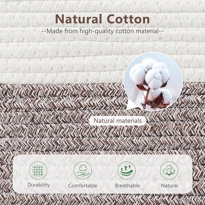 ECDYQXVU Cotton Rope Basket, Storage Baskets with Handle, 15x10x9 Inch Woven Basket for Shelves, Laundry, Towels, Clothes, Books (White Brown 1 Pack) - Image 2