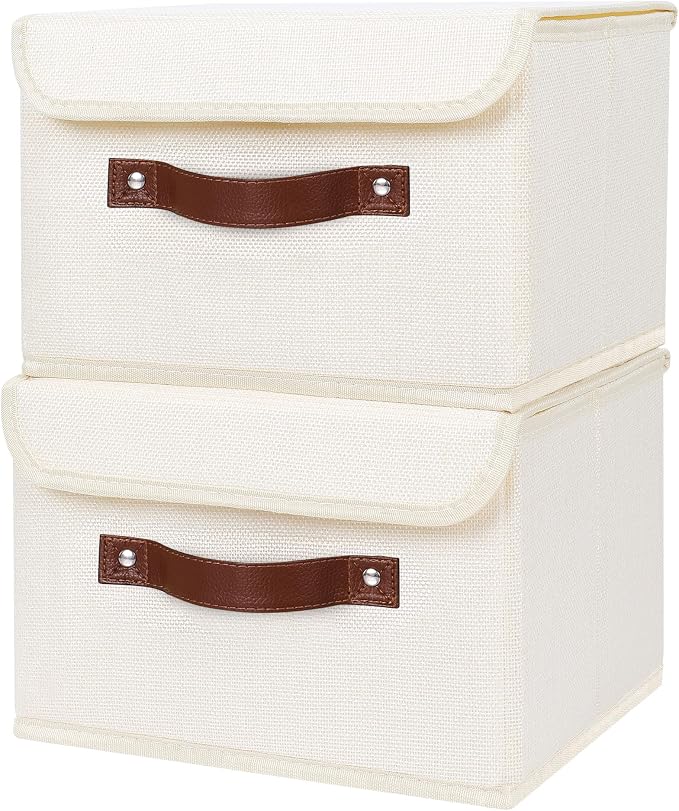 ANMINY 2PCS Storage Bins with Lid PU Leather Handles Storage Boxes PP Plastic Board Decorative Foldable Lidded Cotton Linen Fabric Home Cubes Baskets Closet Organizer Containers - Beige, Small Size - Image 2