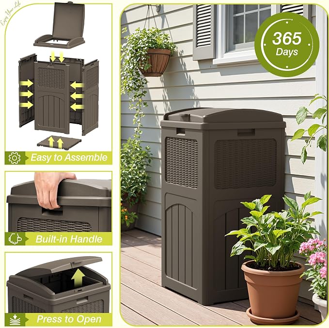 Greesum 33 Gallon Outdoor Trash Can with Lid, Waterproof Resin Garbage Bin for Hideaway, Deck, Patio, Dark Brown - Image 4