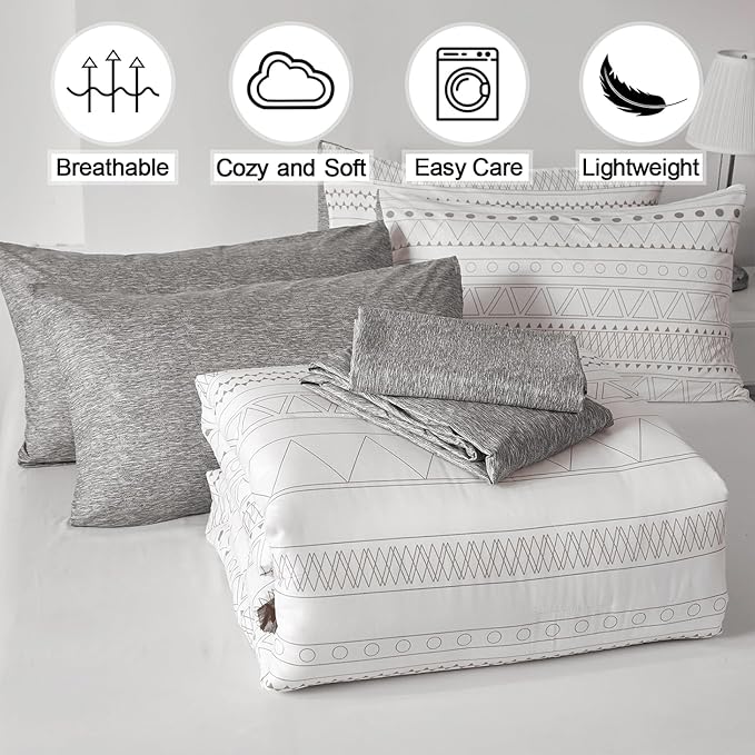 WONGS BEDDING Boho Comforter Set Queen,7 Pieces White Grey Geometric Bed in a Bag Comforter Bohemian Soft Microfiber Bedding Set for All Season with Pillowcases & Shams,Flat Sheet,Fitted Sheet