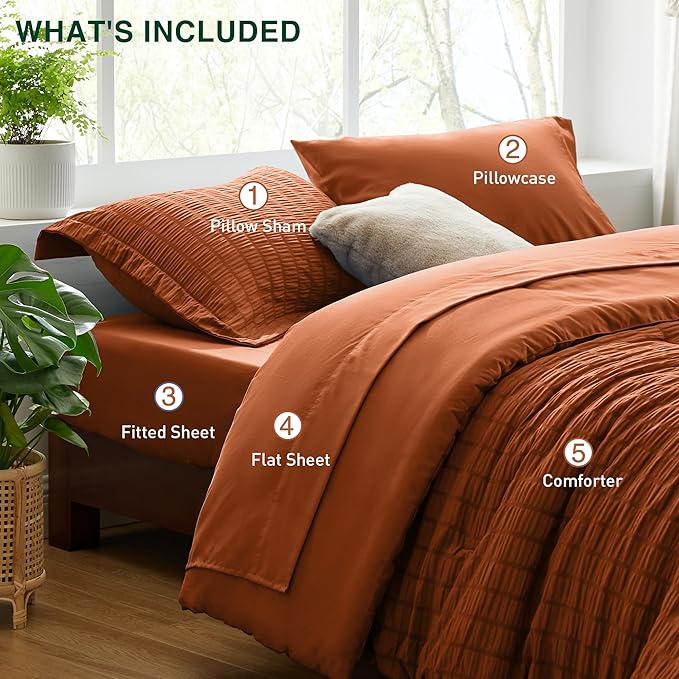 Love's cabin Seersucker Terracotta Twin XL Comforter Set, 5-Piece All Season Lightweight Bed in a Bag Bedding Set with Comforter, Flat Sheet, Fitted Sheet, Pillowcase and Sham | Soft, Breathable, Lightweight