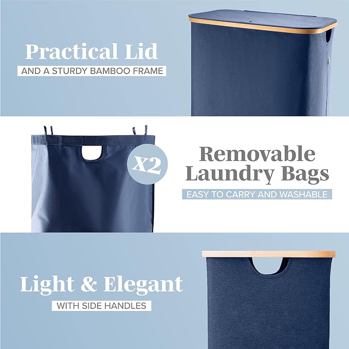 LONBET Laundry Basket with Lid, Made from Breathable Fabric | Aesthetic Clothes Hampers for Laundry with Side Handles & Sturdy Bamboo Frame (40 Gallons - Double, Blue) - Image 3