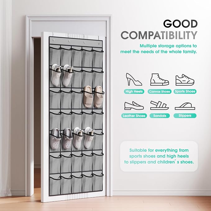 WVM Over the Door Shoe Organizer with 35 Breathable Mesh Pockets, Hanging Shoe Organizer for Door with 4 Metal Hooks, Large Capacity Closet Storage for Shoes, Accessories, Grey - Image 2