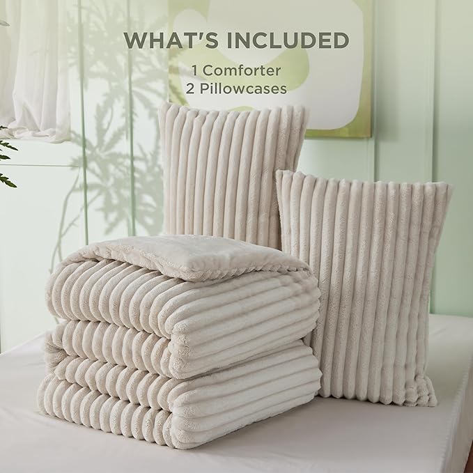Bedsure King Comforter - GentleSoft™ 3 Pieces Double-Side Fleece Fluffy Linen Comforter Set, Cozy Striped Room Decor Aesthetic, Luxury King Size Bedding with 2 Pillowcases, 104x90 Inches