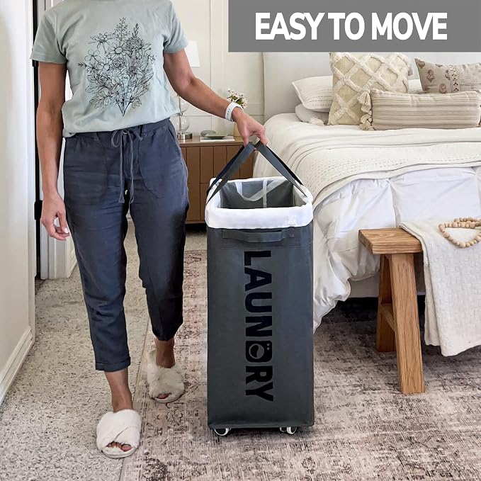 Goodpick Hamper with Wheels, 2-Pack 75L Foldable Laundry Baskets with Removable Wash Bags, Dirty Laundry Basket for Corner Dorm,Grey - Image 5
