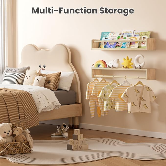 upsimples 2 Pack Nursery Book Shelves, 23.6 Inch Floating Bookshelves for Wall, Baby Nursery Decor, Small Solid Wood Wall Mounted Shelves for Baby Kids Boys Girls, Natural - Image 6
