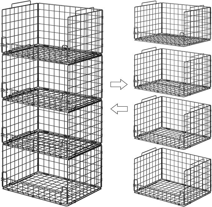 4-Tier Stackable Closet Organizers and Storage Basket - Foldable Closet Shelf Organizer System, Sturdy Metal Space-Saving Clothes Storage Bins for Wardrobe, Black by Unknown