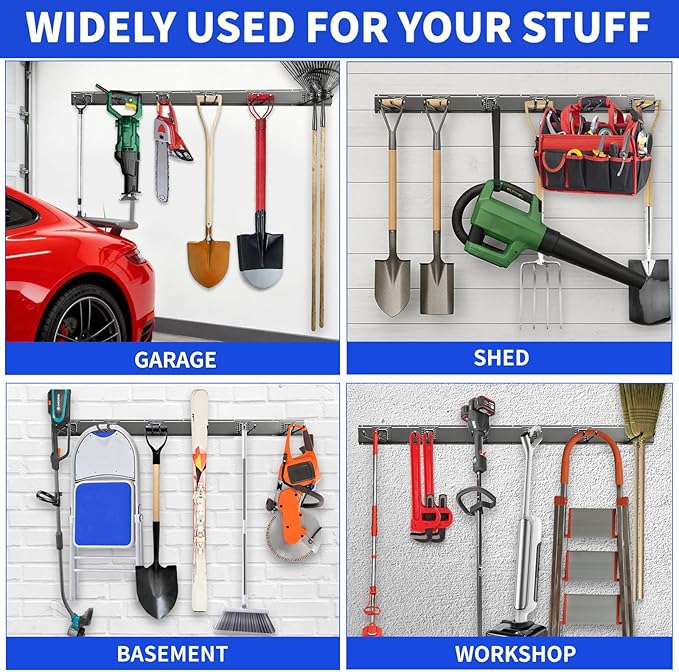 Garage Wall Organizer Wall Mount, 48inch Heavy Duty Garden Tool organizer Storage System, Easy Install With 6 Adjustable Hooks, For Garage, Basement, Shed, Workshop(Black) - Image 2