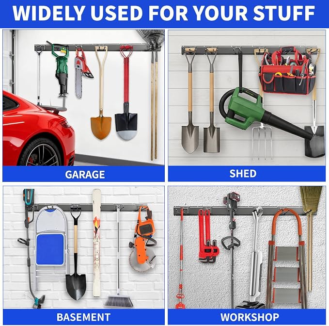 Garage Tool Organizer Wall Mount, 48 Inch Heavy Duty Garden Tool Organizer Storage System, Easy Install with 6 Adjustable Straight Hooks, for Garage, Basement, Shed, Workshop, Black, Steel - Image 4