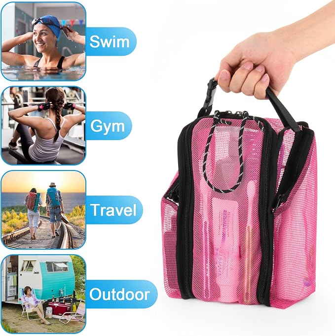 Cosmos Mesh Shower Caddy Toiletry Organizer Hanging Shower Tote Bag, Quick Dry Shower Organizer Portable Bath Bag with Durable Zippers & Side Pockets for Travel Gym Swimming Beach & Camp (Hot Pink) - Image 6