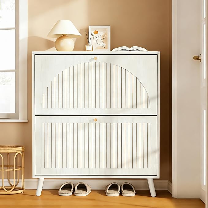 Fsbecl Shoe Storage Cabinet for Entryway with 2 Flip Drawers, Narrow Wood Shoe Cabinet with Fluted Panel, Freestanding Hidden Shoe Organizer for Foyer, Hallway (White - with Shelf) by Fsbecl