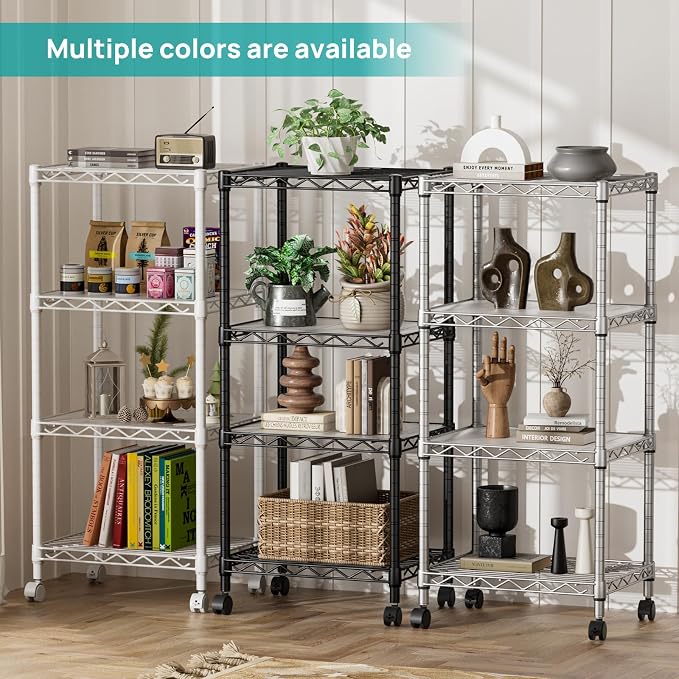SINGAYE 4 Small Shelves Storage Shelf Wire Shelving Unit Metal Shelf Adjustable Organizers Storage Shelving with Wheels for Bathroom Laundry Room Kitchen Pantry11.5”D x 17.3”W x 44.5”H White - Image 8