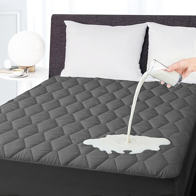 California King Mattress Protector Waterproof Washable Mattress Padded Cover Fitted Bed Protection Noiseless Plastic Bed Pad Deep Pocket Up to 18“ Soft and Breathable（Gray）