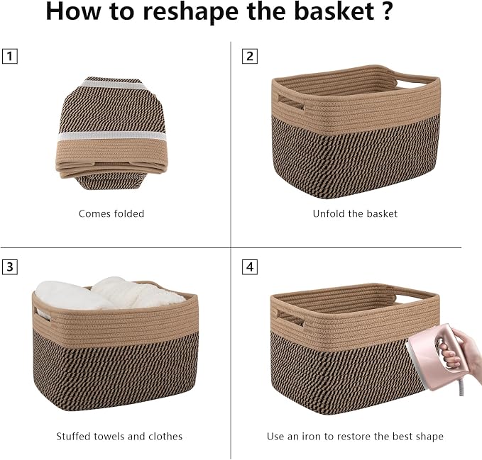 OIAHOMY 4 Pack Storage Baskets for Organizing, Basket for Shelves with Handle, Woven Baskets for Storage Toys, Towels, Books, Cotton Rope Basket 13" L x 9 " W x 7.8 " H, Brown & Black - Image 7