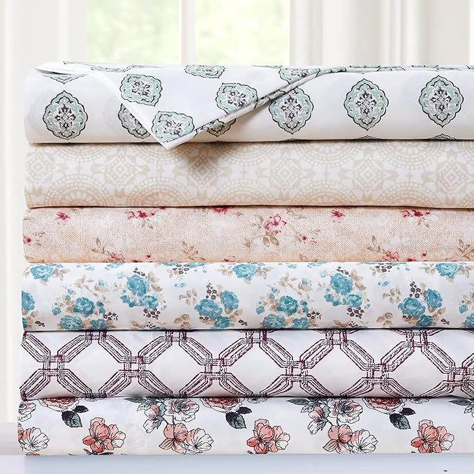 Modern Threads Printed 4-Piece Extra Soft Bedding Sheets & Pillowcase Set, Deep Pocket up to 16 inch Mattress Claire Queen