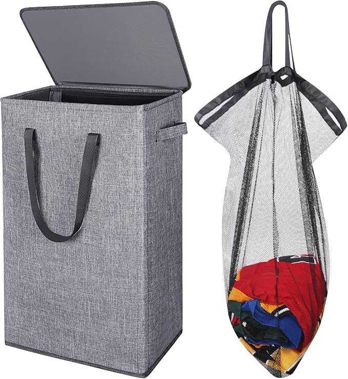 Odonata 75L Slim Laundry Hamper with Lid,Large Foldable Laundry Basket with Removable Bag and Handles Tall Collapsible Dirty Clothes Basket Great for Bedroom, Bathroom, Dorm, College,RV. (Grey, 75L) by Odonata