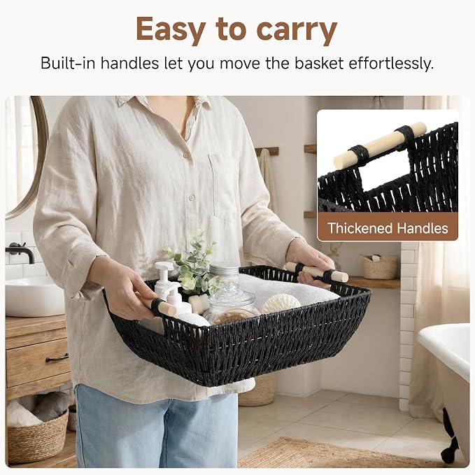 StorageWorks Large Wicker Storage Basket for Organizing, Toilet Paper Baskets for Shelf, Paper Rope Storage Baskets with Wooden Handles, Black, 2-Pack - Image 3