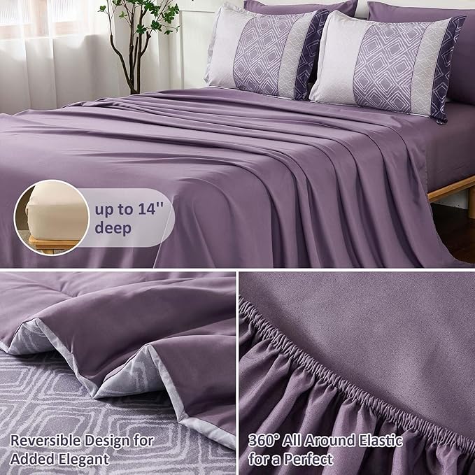 Dinjoy Purple King Size Comforter Set,Striped Boho Bed in a Bag King 7 Pieces Soft Microfiber Warm Fall Bedding Comforters Sets Modern Complete Bed Set for Women All Season