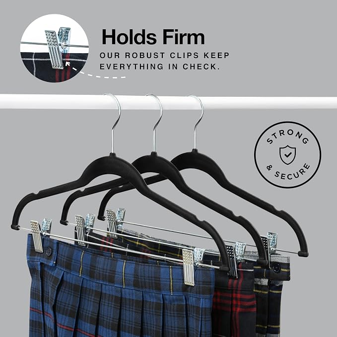 Home-it Pants Hangers With Clips 10 Pack - Black Velvet Non Slip Space-Saving for Pants, Skirts, Coats, Dresses, Tank Tops, Clothes - Felt Ultra Thin - Image 3