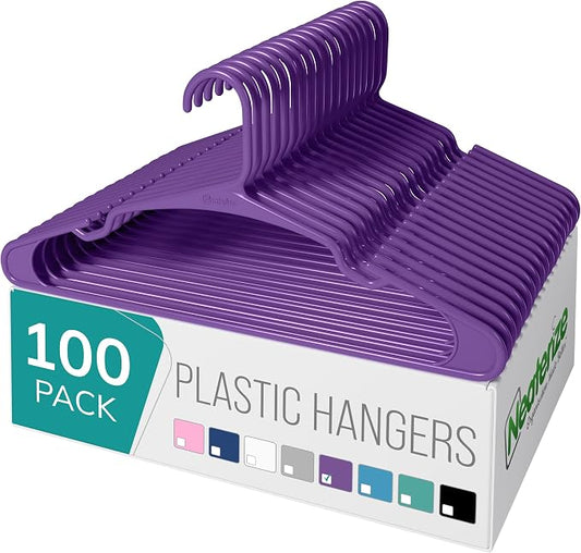 NEATERIZE Clothes Hangers Plastic 100 Pack for Adults - Plastic Hangers, The Perfect Coat Hanger and Space Saving Clothes Hangers for Closet - Purple Hangers by Neaterize