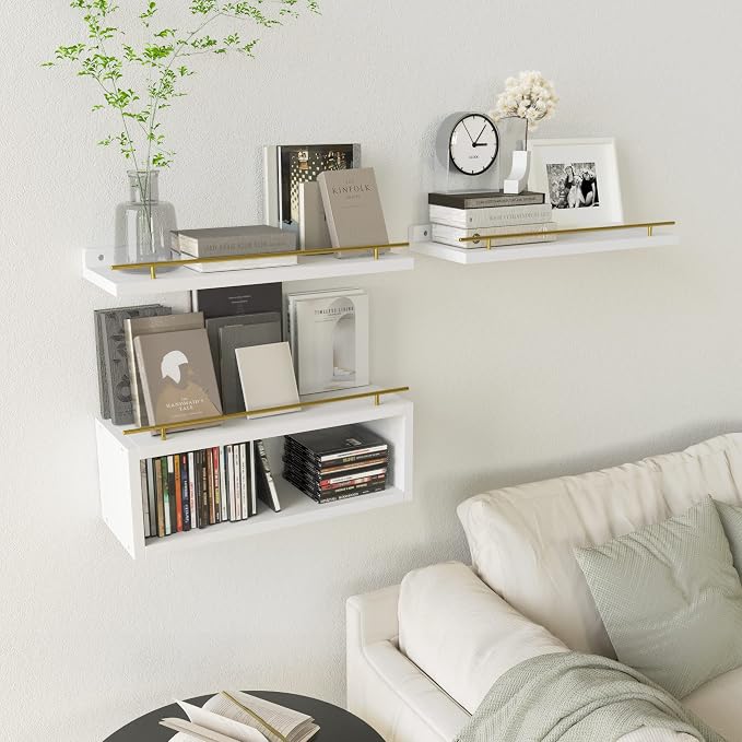 WOPITUES Floating Shelves for Wall with Cube Shelf, Wall Shelves with Metal Rail for Decor, Bathroom Organizers and Storage, Over Toilet Shelves for Bathroom, Toilet Paper-White&Gold - Image 6