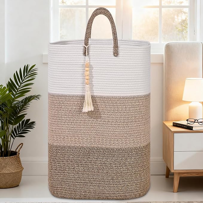 Woven Laundry Basket for Clothes,100 L Large Rectangle Laundry Hampers with Beads Tassel, Nursery Storage Basket for Toys, Tall Dirty Clothes Hamper for Bedroom Aesthetic, Laundry Room Organization - Image 6