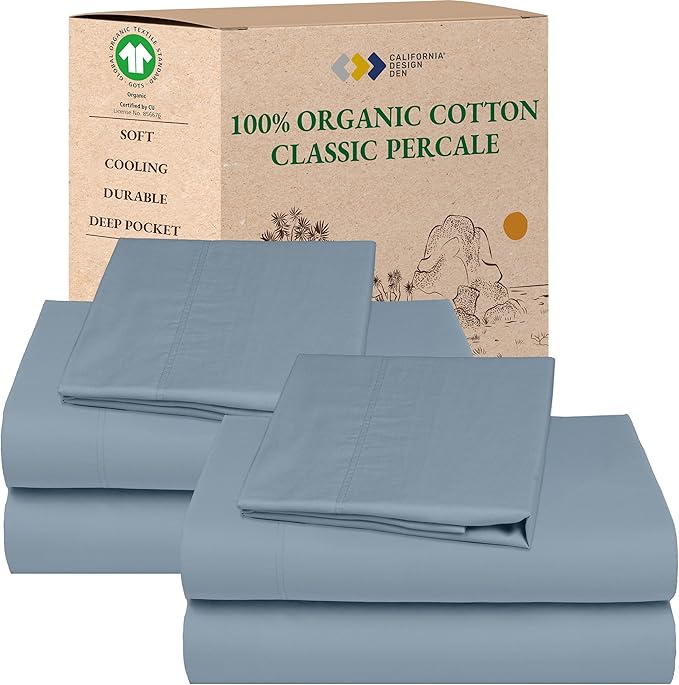 California Design Den 2-Pack Twin Bed Sheets Set - 100% Organic Cotton, Crisp Percale, Deep Pocket Twin Sheet Set, Lightweight Bedding Set - Blue Hydrangea