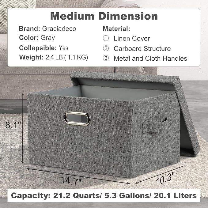 Graciadeco Medium 15" 21 Quart Collapsible Stackable Storage Bins with Lids, 3 Packs Grey Foldable Fabric Closet Boxes Heavy-duty Linen Cube Baskets Container for Bedroom Office (15 x 11 x 8) - Image 2