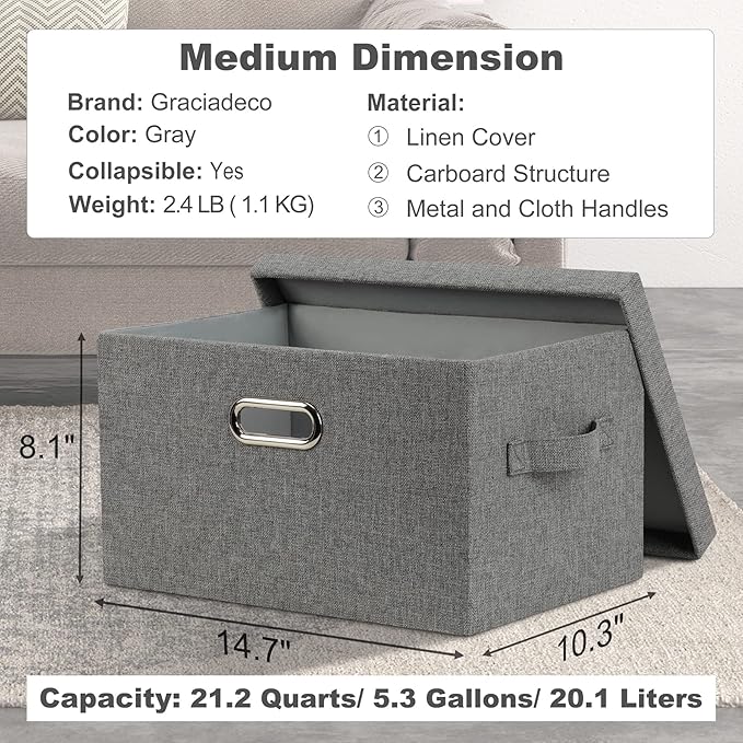 Graciadeco Medium 15" 21 Quart Collapsible Stackable Storage Bins with Lids, 1 Pack Gray Foldable Fabric Closet Storage Boxes with Lids, 4 Handles Heavy-duty Linen Cube Baskets for Bedroom - Image 2