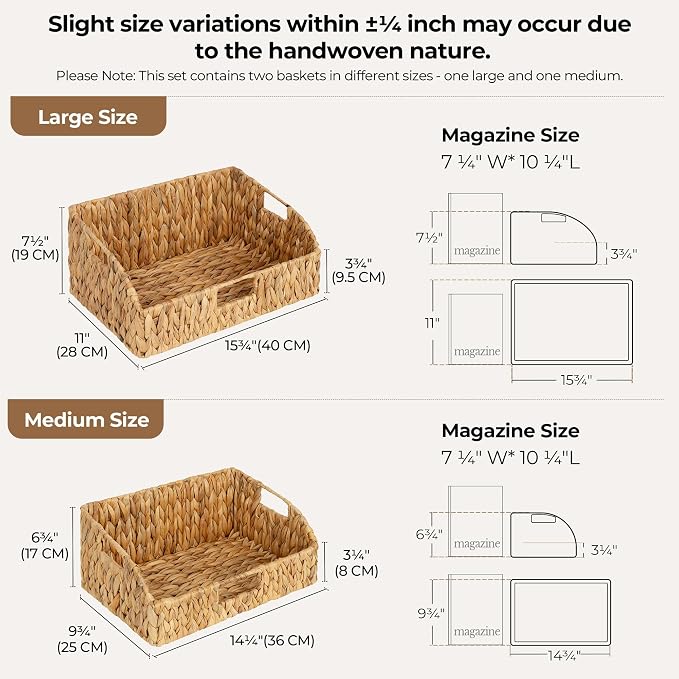 StorageWorks Pantry Baskets for Organizing, Water Hyacinth Baskets for shelves with Built-in Handles, Pantry Organizers and Storage, Set of 2 (Large and Medium) - Image 2
