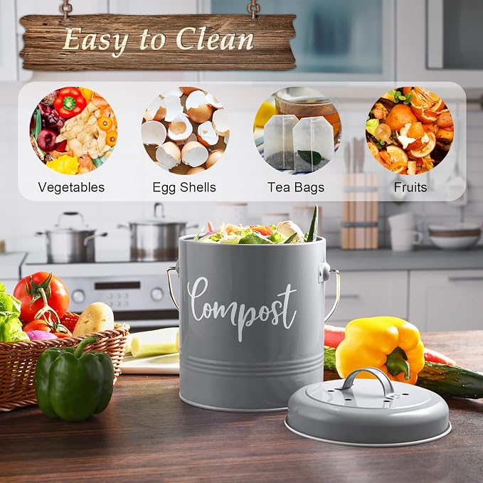 DAYYET Gray Compost Bin Kitchen, 1.3 Gallon Farmhouse Kitchen Compost Bin Countertop with Lid and Charcoal Filters, Indoor Compost Bucket for Decor and Accessories - Image 4