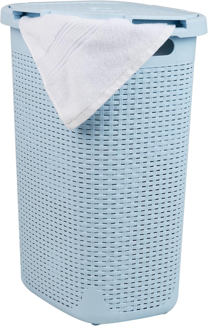 Mind Reader Slim Laundry Hamper with Lid, 60L Tall Clothes Basket, Narrow Tapered Design for Bathrooms, Closets and Laundry Rooms, Plastic, Baby Blue by MindReader