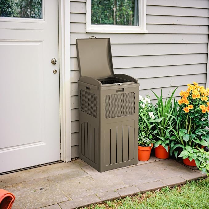 Devoko 33 Gallon Outdoor Trash Can, Hideaway Garbage Bins with Tiered Lid, Waterproof Resin Outside Waste Bins for Patio, Outside Pool, Backyard and Deck (1, Brown) - Image 7