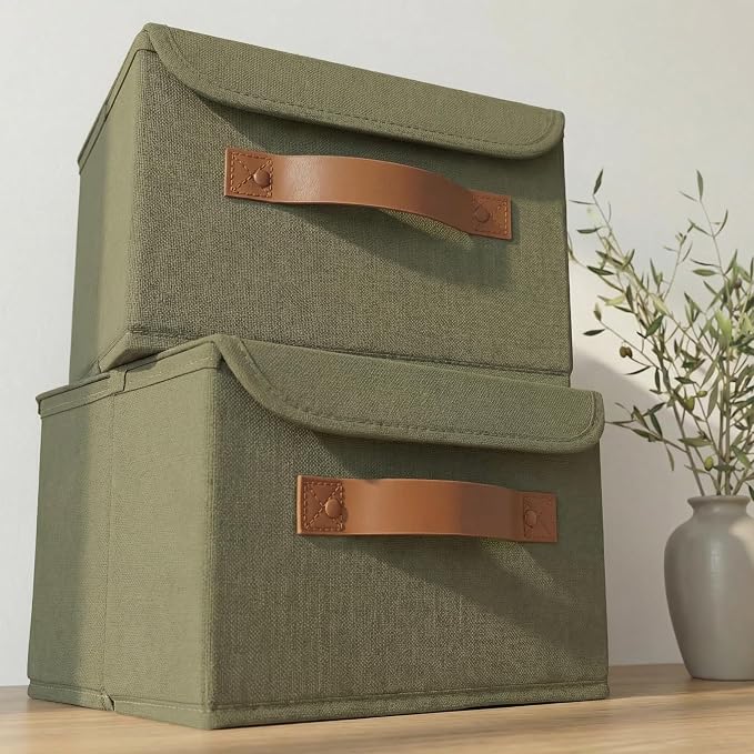 Decorative Linen Storage Boxes with Lids - Spacious Set of 2 Organizer Bins for Your Home Decor - The Perfect Small Container to Safely Store Photos, Documents and Memory Box Keepsakes in Style by ZICOTO