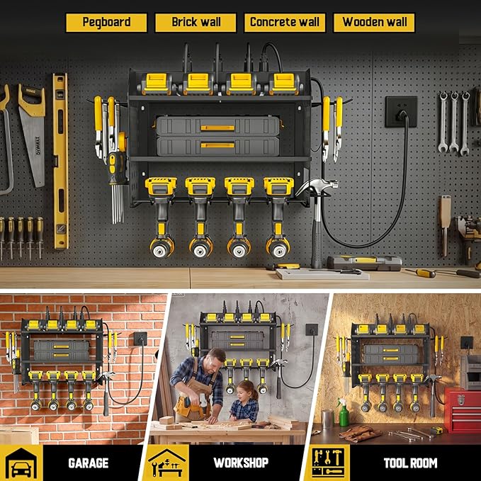 SPACECARE Power Tool Organizer with Charging Station 6 Outlets, 3-Layer Heavy Duty Wall Mount Drill Storage Rack, Cordless Tool with Utility Shelf, Garage Organization and Storage for Workshop- Black - Image 6