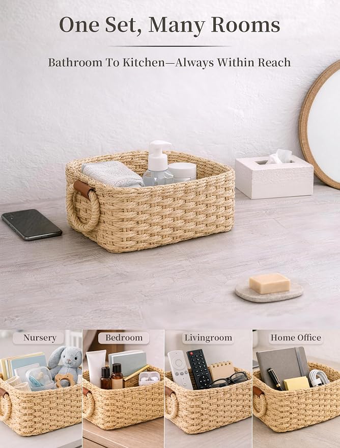 Storage Basket, Recycled Paper Rope Bathroom Basket Organizer, 3Pcs Small Baskets for Organizing, Mini wicker Basket for Decorative Storage Bins, Shelves, Bathroom, Cabinet - Beige - Image 6