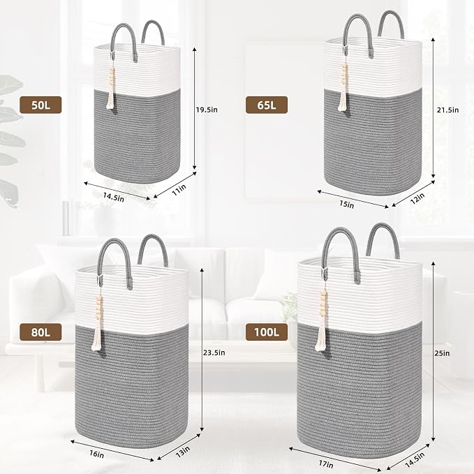 Woven Laundry Basket for Clothes, 100L Large Rectangle Laundry Hampers with Beads Tassel, Nursery Storage Basket for Toys, Tall Dirty Clothes Hamper for Bedroom Aesthetic, Laundry Room Organization - Image 8