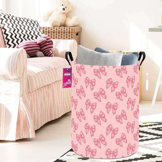 Laundry Hamper Large Canvas Fabric Lightweight Storage Basket/Toy Organizer/Dirty Clothes Collapsible Waterproof for College Dorms, Boys and Girls Bedroom,Bathroom(Pink bowknots) - Image 5