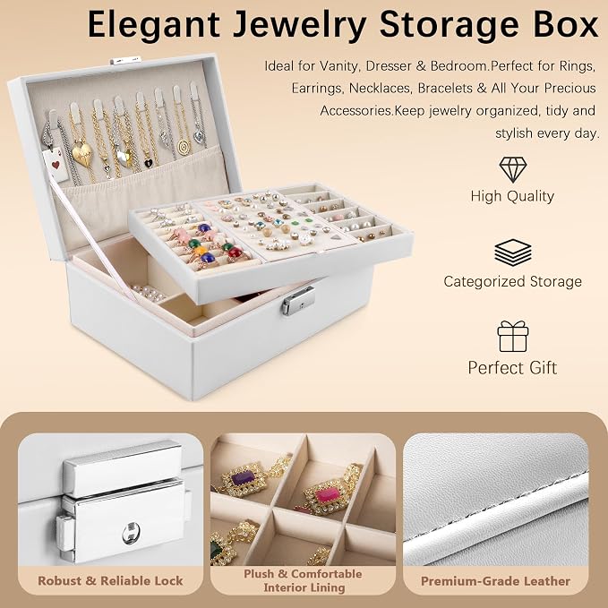 Homeanda Jewelry box 2 layer Jewelry box Leather Jewelry boxes for Women Girls Teens Jewelry organizer box Jewelry Storage box with lock(White) - Image 4