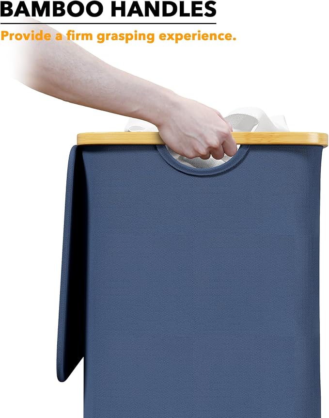 SpaceAid Laundry Hamper with Lid, 110L Large Tall Clothes Basket Bin with Bamboo Handles, Collapsible Laundry Hamper for Bedroom, Bathroom, Dorm, Laundry Room - Blue - Image 6