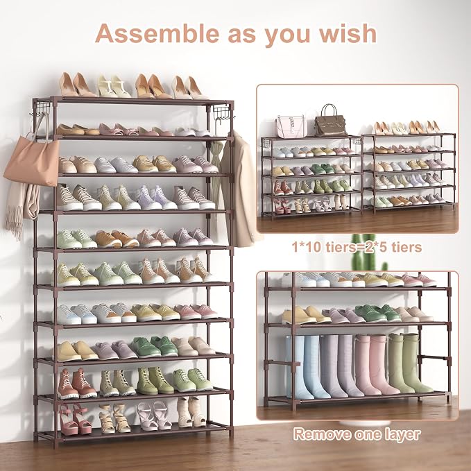 LANTEFUL 10 Tiers Shoe Rack 50 Pairs Large Capacity Tall Shoe Organizer Sturdy Shoe Storage with Two Hooks Space Saving Metal Wide Shoe Rack for Closet, Entryway, Bedroom, Brown - Image 5