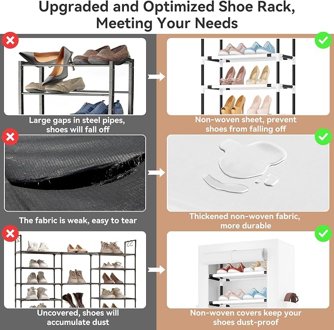 ROJASOP Shoe Rack with Covers 10 Tier Large Shoe Organizer Tall Shoe Closet Storage for 20-22 Pairs Shoe and Boot, Free Standing Shoe Rack Organizer for Closet, Entryway, Bedroom, White - Image 7
