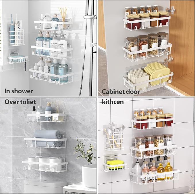 Liuoud 5 Pack Shower Caddy Organizer Rack Shelf for Inside Shower, Self Adhesive Wall Storage Basket Rustproof Stainless Steel Shampoo Holder Bathroom Accessory Decor Set, White - Image 8