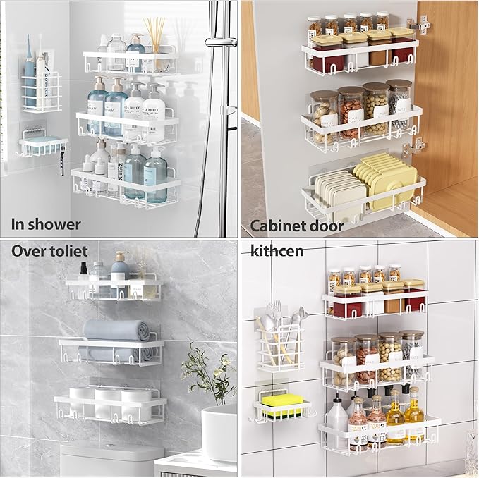 Liuoud 10 Pack Shower Caddy Organizer Rack Shelf for Inside Shower, Self Adhesive Wall Storage Basket Rustproof Stainless Steel Shampoo Holder Bathroom Accessory Decor Set, White - Image 6