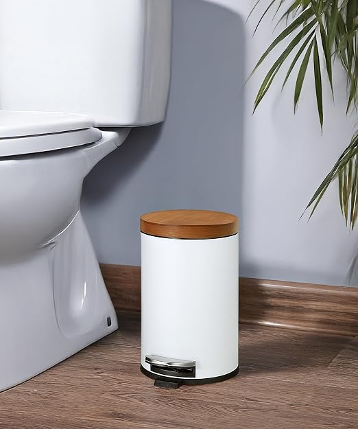 SunnyPoint Elite Bamboo Lid 4.5 Liter (1.2 Gallon) Round Trash Can with Plastic Inner Bucket; Bathroom, Office, Kitchen and Bedroom Step On and Slow Close (White) - Image 4